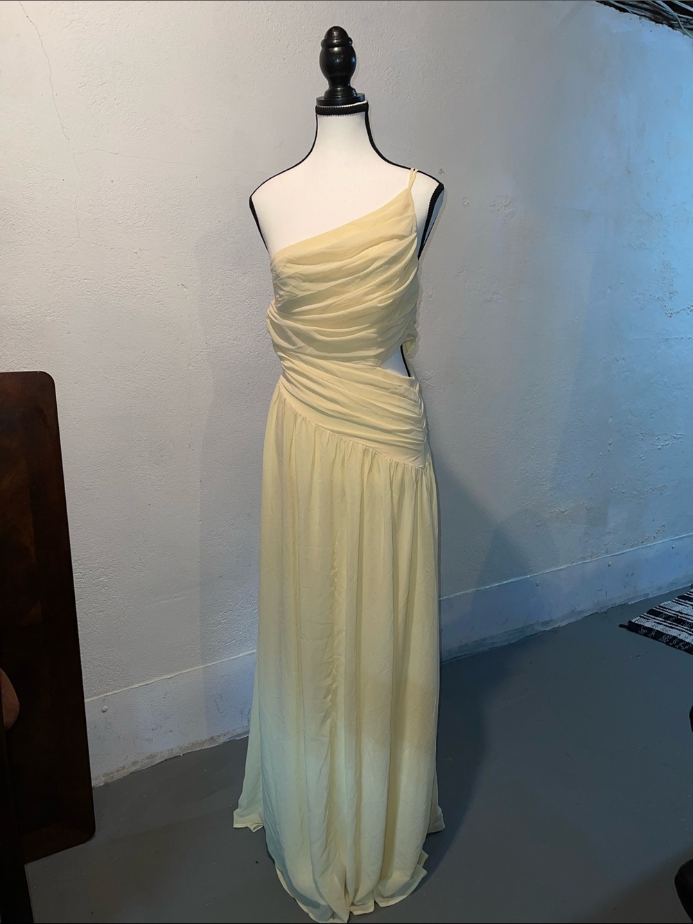 Lulus "Marcela" Pale Yellow Ruched One-Shoulder Maxi Dress